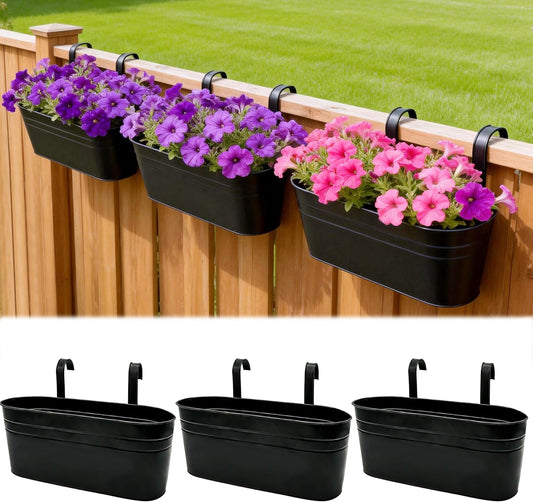 Metal Railing Planter Boxes 16 Inch, 3-Pack Adjustable Hanging Flower Pots for Balcony, Deck, Porch & Fence, Detachable Hook Design, Black Heavy Duty Planters for Outdoor