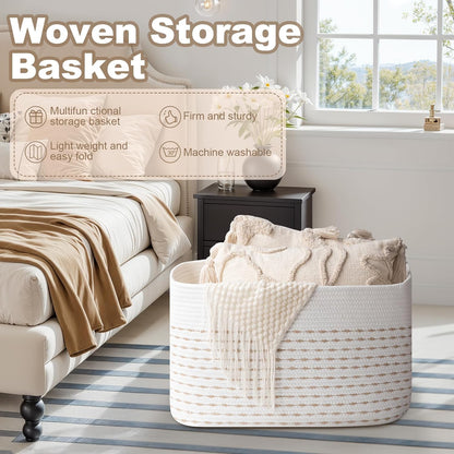 OIAHOMY 75L Large Woven Cotton Rope Storage Basket with Handle for Organizing Blanket and Toys for Living Room, Nursery, Brown Variegated 22”x17”x12”