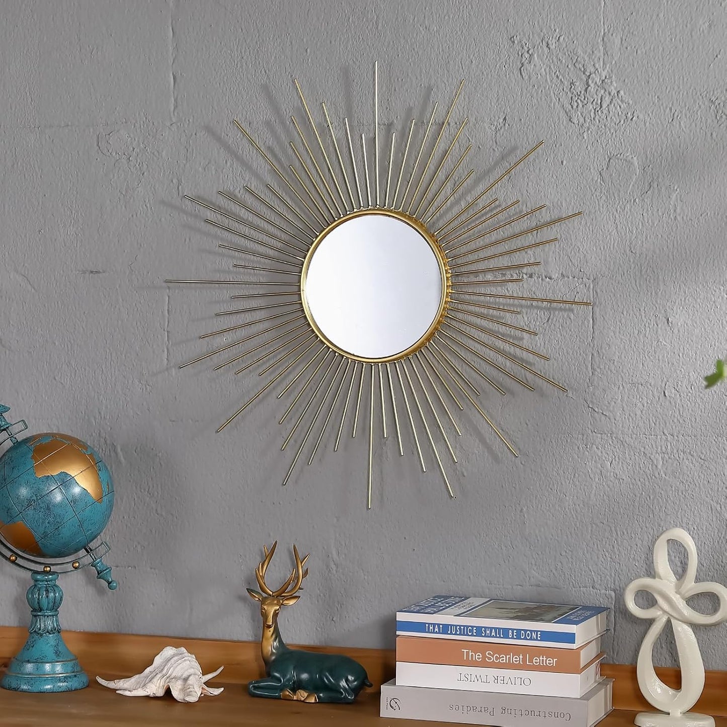 Large Gold Sunburst Mirror - 31" Starburst Wall Mirror with 12" Round Glass, Mid-Century Modern Elegant Gold Sun Mirrors for Living Room, Bedroom, Entryway Decor