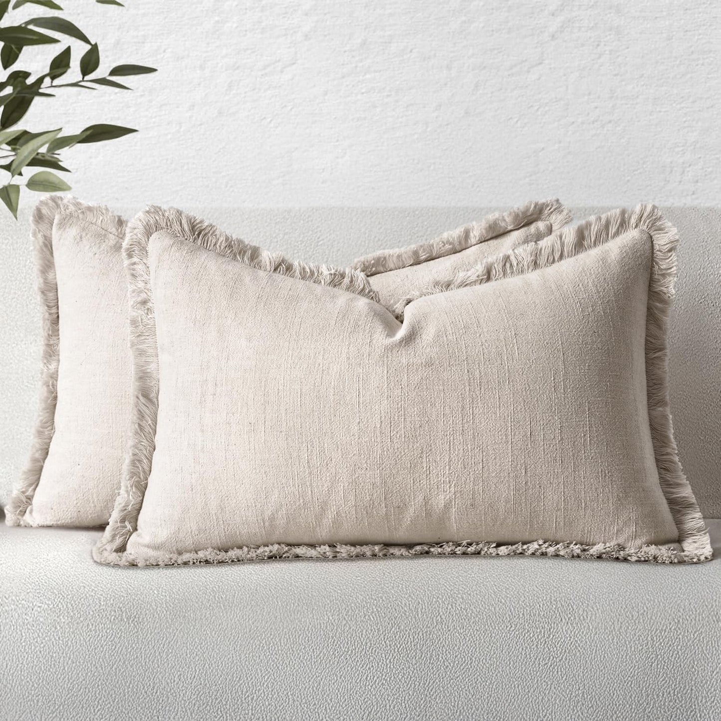 MIULEE Decorative Throw Pillow Covers Neutral Linen Fringe Throw Pillows Set of 2 Natural Beige Boho Farmhouse Cushion Covers with Tassels for Couch Sofa Bed Spring Home Decor 20x20 Inch