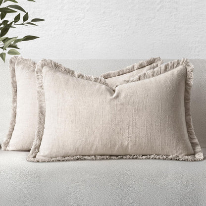 MIULEE Decorative Throw Pillow Covers Neutral Linen Fringe Throw Pillows Set of 2 Natural Beige Boho Farmhouse Cushion Covers with Tassels for Couch Sofa Bed Spring Home Decor 20x20 Inch