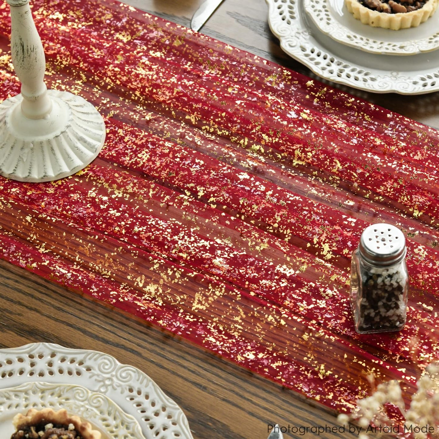 Artoid Mode Beige Gold Gauze Table Runner 120 Inch 10FT, Glitter Metallic Foil Sheer Dining Wedding Anniversary Holiday Birthday Table Decor for Home Party