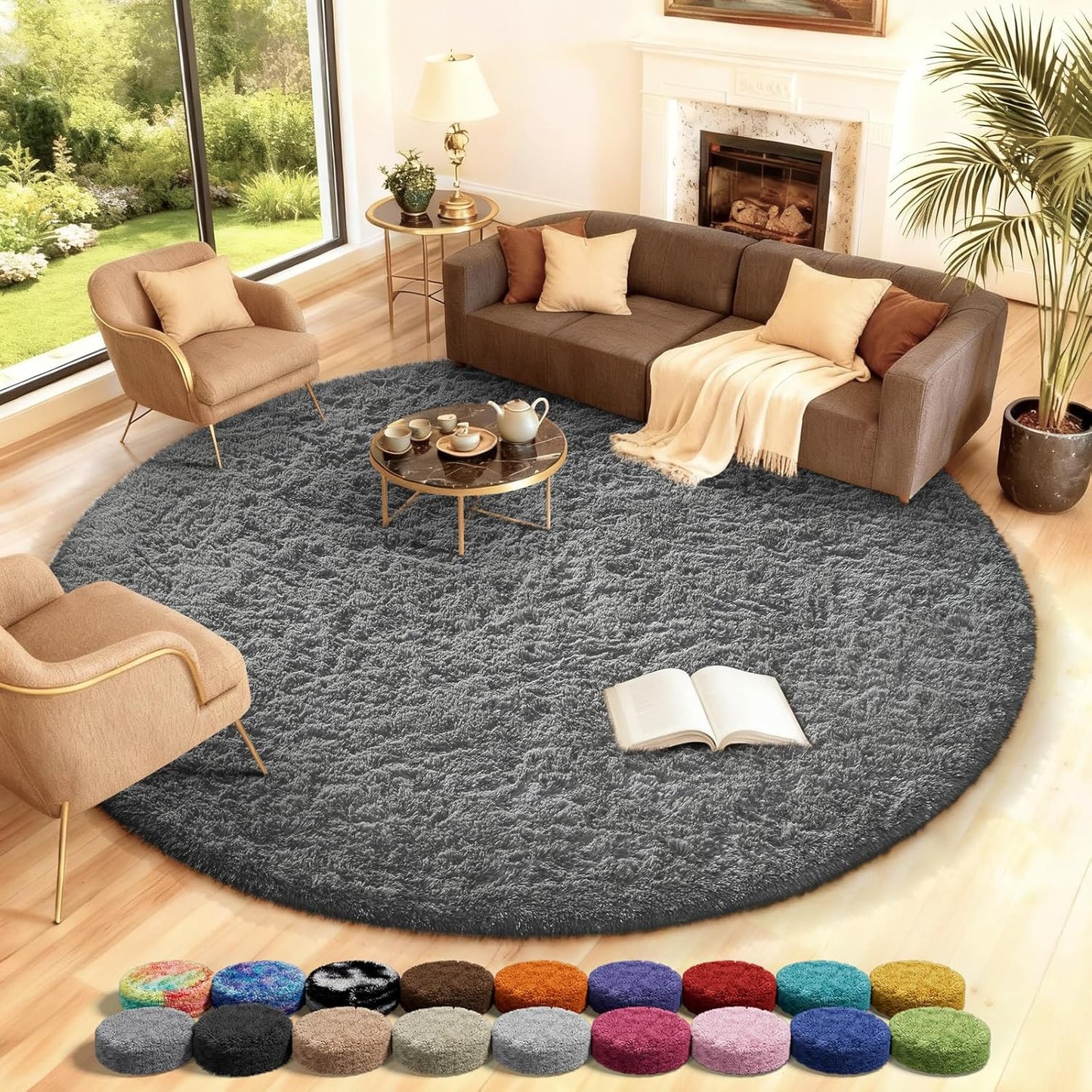 Ophanie Round Rugs 5Ft Ivory Circle Area Rug, Nursery Room Decor, Christmas Aesthetic Bedroom Home Circular Carpet 5 Foot, Fluffy Fuzzy Shag Plush Cream Living Room Rugs for Kids Boys Girls Teen Baby