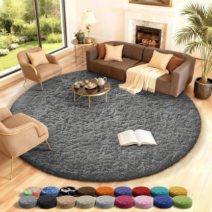 Ophanie Round Rugs 5Ft Ivory Circle Area Rug, Nursery Room Decor, Christmas Aesthetic Bedroom Home Circular Carpet 5 Foot, Fluffy Fuzzy Shag Plush Cream Living Room Rugs for Kids Boys Girls Teen Baby
