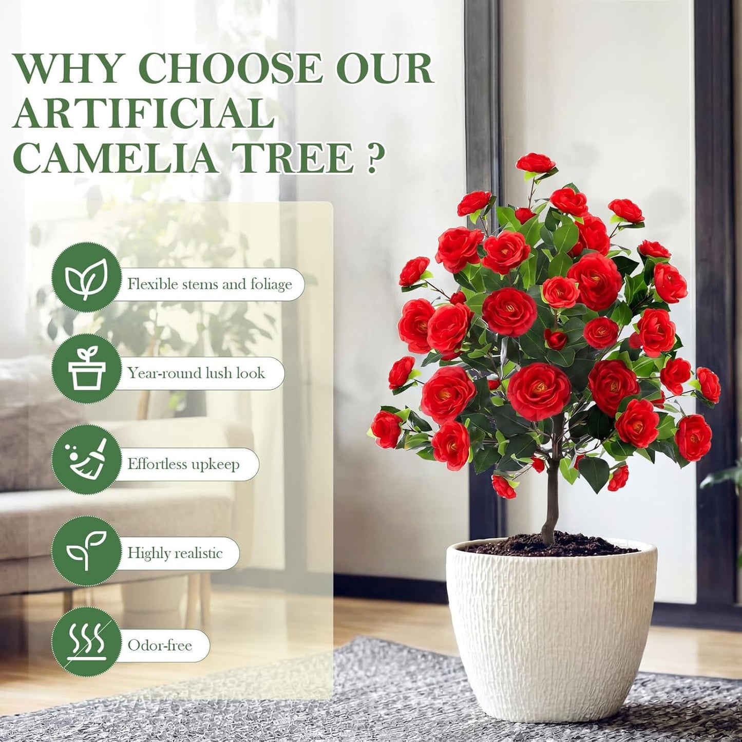 Lunmon 2 Pack 3ft Artificial Camellia Plants Tree 36" Faux Camellia Flower with Spike UV Resistant Realistic Fake Floral Blooming Bush for Indoor Outdoor Front Door Porch Backyard Garden, Purple