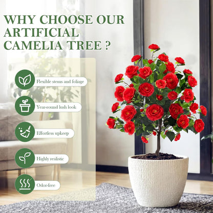 Lunmon 2 Pack 3ft Artificial Camellia Plants Tree 36" Faux Camellia Flower with Spike UV Resistant Realistic Fake Floral Blooming Bush for Indoor Outdoor Front Door Porch Backyard Garden, Purple