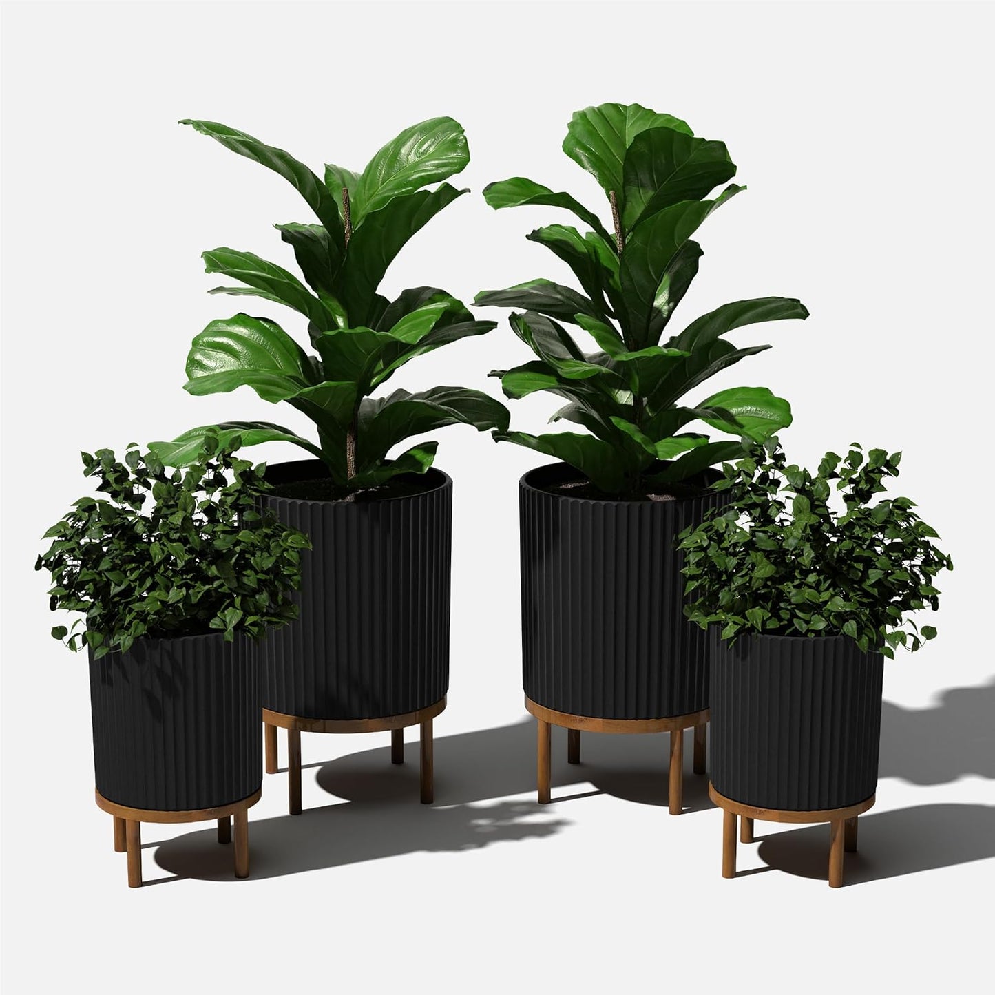 Veradek Demi Series Round Planter w/ Stand for Porch/Patio | Durable Plastic-Concrete & Wooden Stand | Modern Décor for Tall Plants, Flowers