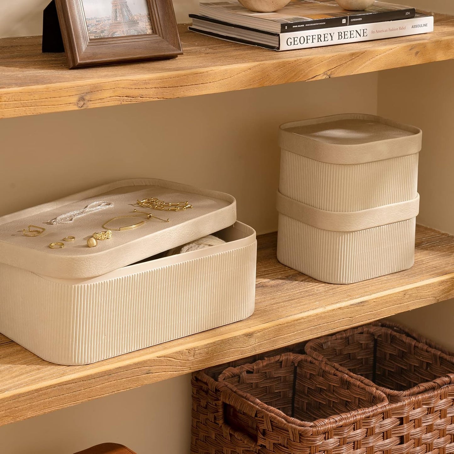 LA JOLIE MUSE Fluted Cardboard Storage Baskets with Leather-Like Lids, Sturdy Stackable Paper Boxes Decorative Tray, Chocolate Brown, Set of 3