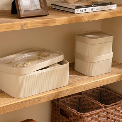 LA JOLIE MUSE Fluted Cardboard Storage Baskets with Leather-Like Lids, Sturdy Stackable Paper Boxes Decorative Tray, Chocolate Brown, Set of 3