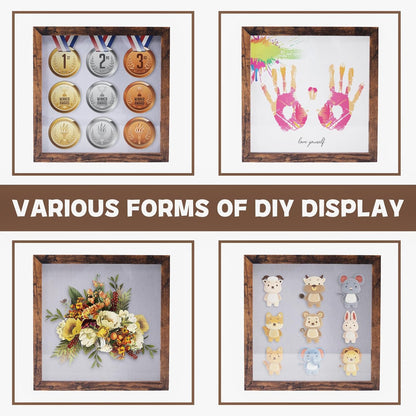 Muzilife 8x8 Shadow Box Picture Frame with Linen Board - Deep Wood & Glass Display Case Ready to Hang Memory Box Baby Sports Memorabilia, Pins, Awards, Medals, Wedding, Tickets and Photos (Black)