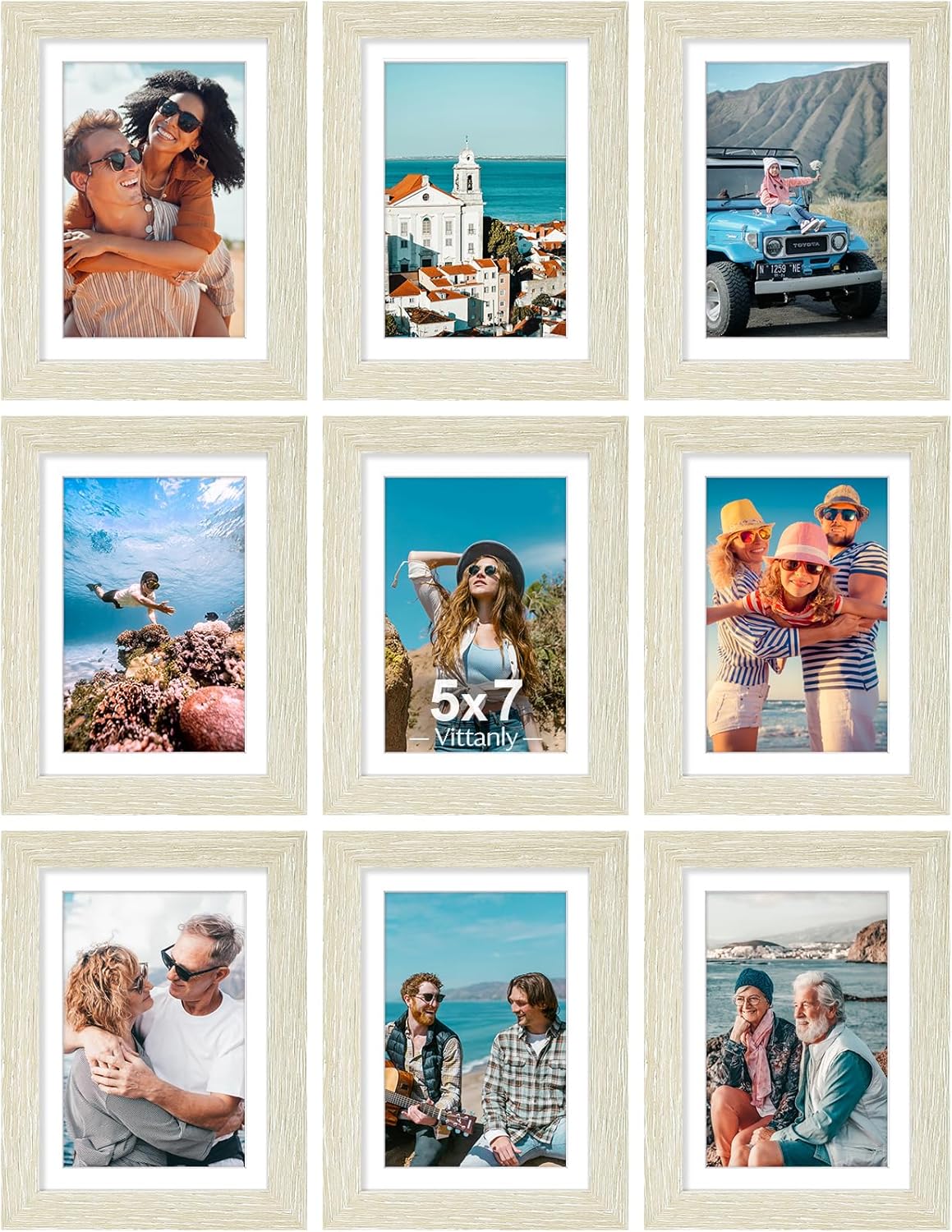 Vittanly 8x10 Picture Frames Set of 9, Shatter Resistant Plexiglass, Display 5x7 Pictures with Mat or 8x10 without Mat, Photo Frames for Wall or Tabletop, Engineered Wood, Black - Colors A