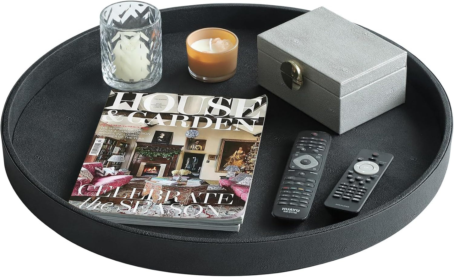 HofferRuffer Round Serving Tray 20'', Elegant Faux Leather Circle Ottoman Table Tray, Serve Tea Coffee Breakfast in Bedroom Living Room Kitchen (Brown)