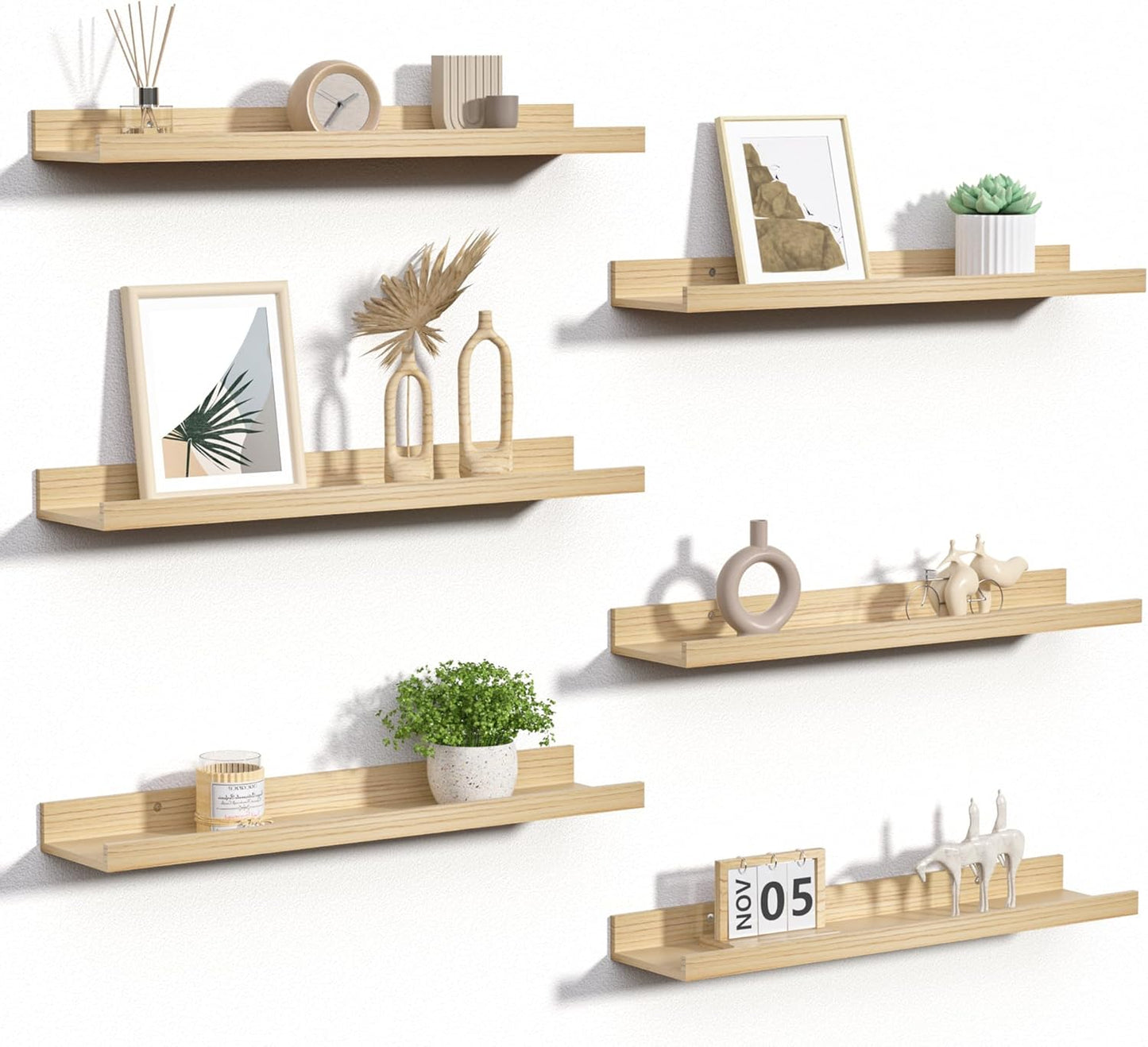 upsimples 6 Pack Wooden Floating Shelves, Wall Storage Decor Shelf for Bathroom, Bedroom, Living Room, Kitchen, Office and Laundry Room, Wall Mounted Display Hanging Shelf, Brown