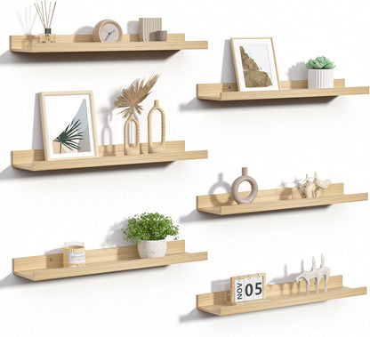 upsimples 6 Pack Wooden Floating Shelves, Wall Storage Decor Shelf for Bathroom, Bedroom, Living Room, Kitchen, Office and Laundry Room, Wall Mounted Display Hanging Shelf, Brown