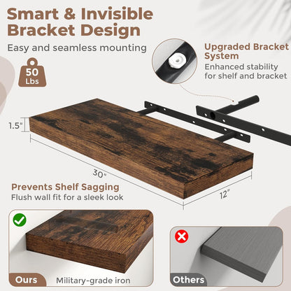 72 Inch Long Floating Shelves for Wall Set of 2, 12"D Wood Grain Bathroom Shelves with Invisible Brackets, Easy Install Engineered Wood Storage Shelves for Kitchen, Living Room, Bedroom, Black Finish