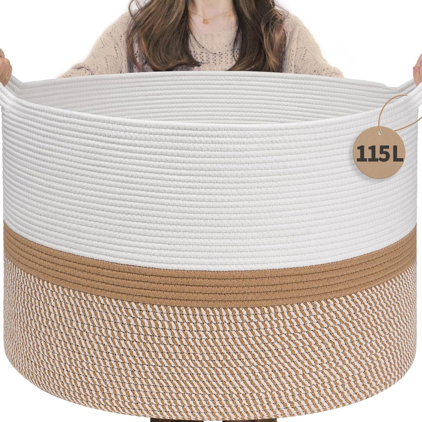 INDRESSME XXXLarge Blanket Basket for Living Room 21.7" x 21.7" x 13.8"-Storage Basket with Handle for Organizing Toy Pillows Woven Cotton Rope Laundry Basket Stuffed Animal Toy Storage for Play Room