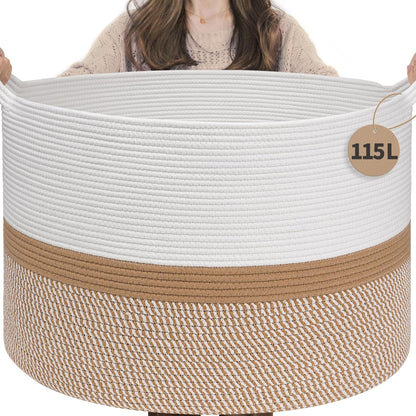 INDRESSME XXXLarge Blanket Basket for Living Room 21.7" x 21.7" x 13.8"-Storage Basket with Handle for Organizing Toy Pillows Woven Cotton Rope Laundry Basket Stuffed Animal Toy Storage for Play Room