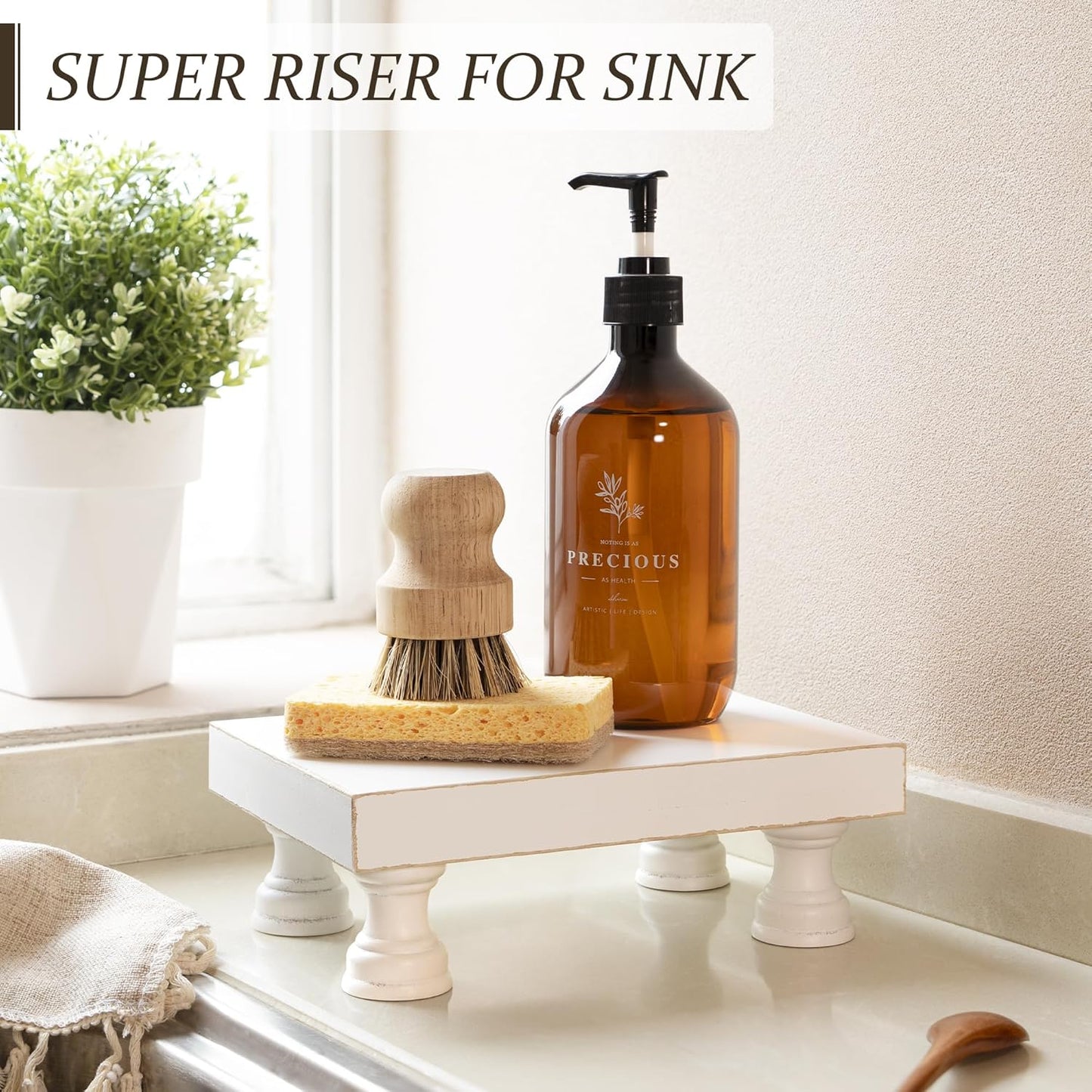 EOSAHR Farmhouse Riser for Room Decor : Decorative Pedestal Stand For Display Your Home Decorations and Uniquely Soap Stand - Rustic Bathroom Counter Tray and Kitchen Decor (Natural Wood)