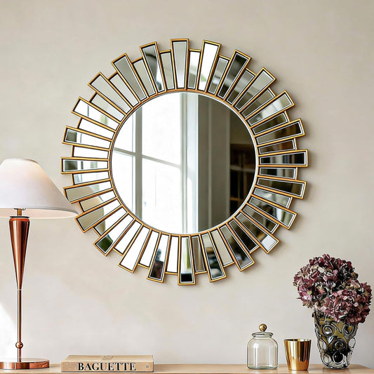 SHYFOY 23.6" Gold Sunburst Wall Mirror, Round Beveled Decorative Mirror with Layered Metal Frame, Glam Luxury Accent Wall Mirror for Living Room, Entryway & Bedroom