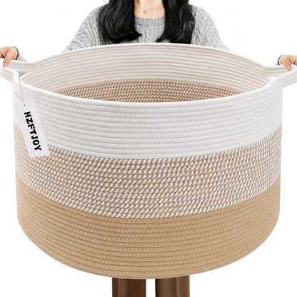 Large Woven Blanket Basket,65L Cotton Rope Laundry Basket Hamper with Handles, Decorative Nursery Basket Storage Bin for Toys, Clothes Organizer, Living Room, Bedroom, Bathroom, White & Brown