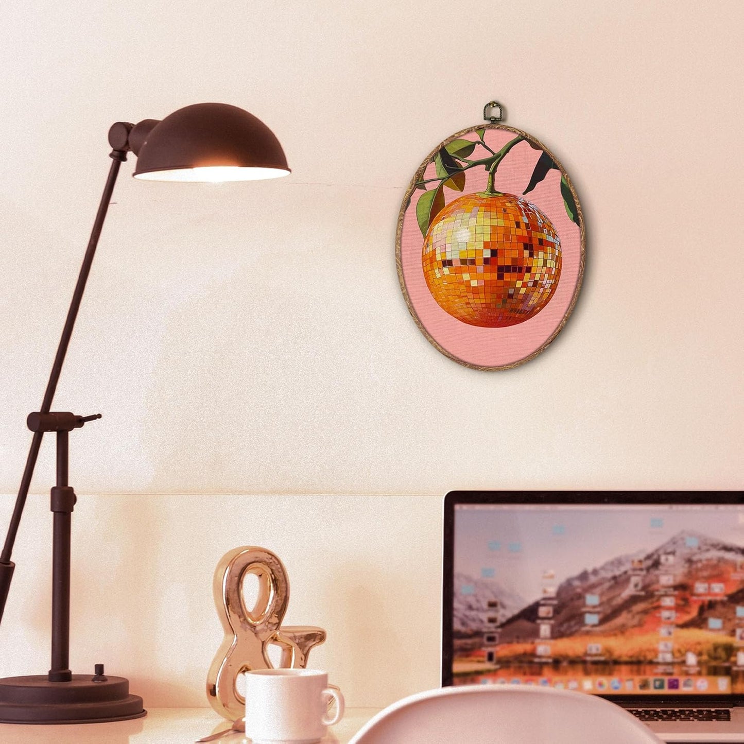 Trendy Funky Orange Disco Ball Oval Wall Art Framed, Funky Retro Oval Wall Decor, Trendy Aesthetic Hanging Canvas Prints Wall Sculptures for Home Living Room Bedroom Decor, 8.5x11.5 Inch