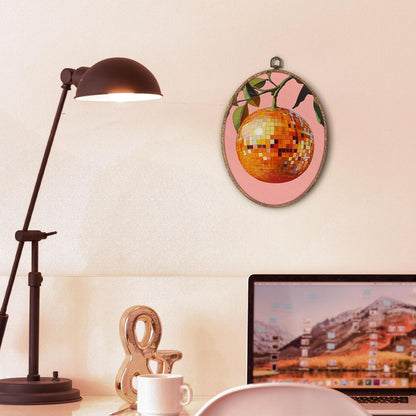 Trendy Funky Orange Disco Ball Oval Wall Art Framed, Funky Retro Oval Wall Decor, Trendy Aesthetic Hanging Canvas Prints Wall Sculptures for Home Living Room Bedroom Decor, 8.5x11.5 Inch