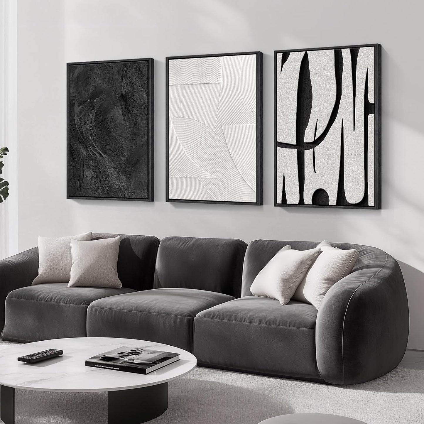 Large Framed Black and White Abstract Wall Art for Living Room, 3 Piece Big Modern Canvas Prints Paintings Artwork for Walls, Minimalist Abstract Art Pictures for Hallway, Office Wall Decor 24x36 In
