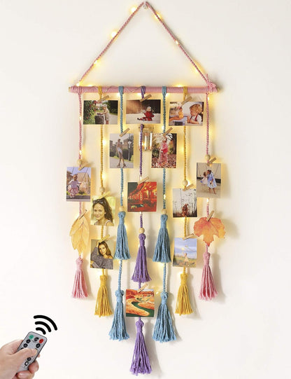 Homecor Hanging Photo Display Wall Decor, Macrame Wall Hanging Boho Room Bedroom Decor, Picture Frame Collage Board with Light 30 Clip, Christmas Teenage Teen Girl Gifts Ages 10 11 12 13 14 Years Old