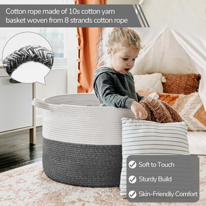 INDRESSME XXXLarge Blanket Basket for Living Room 21.7" x 21.7" x 13.8"-Storage Basket with Handle for Organizing Toy Pillows Woven Cotton Rope Laundry Basket Stuffed Animal Toy Storage for Play Room