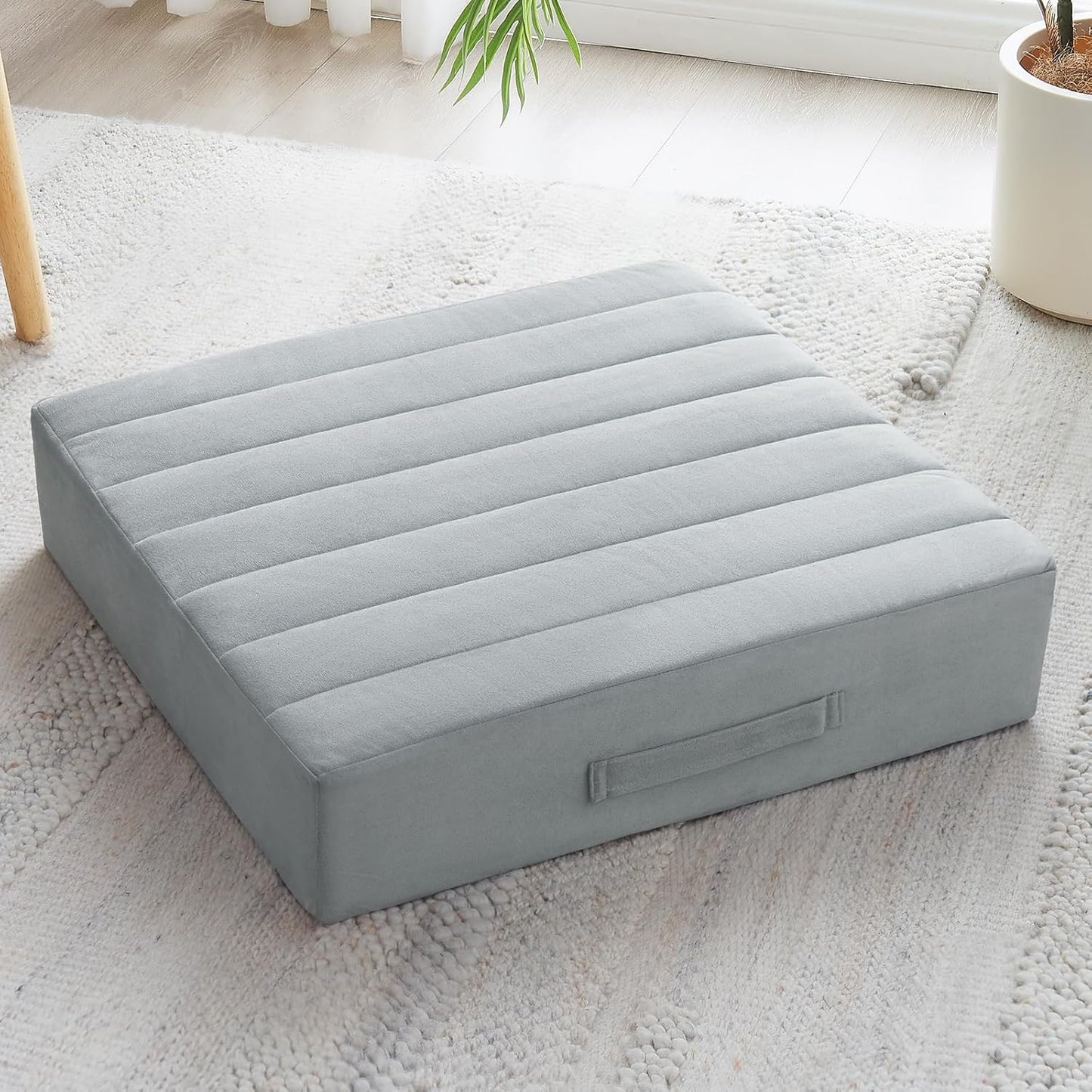 JKMAX 2 Pcs High Density Foam Floor Pillow - Upgraded Large Pillows Seating for Adults - Outdoor Floor Cushion with Soft Tufted Cover - Yoga Pillows for Sitting On Floor - 22 Inch Light Gray