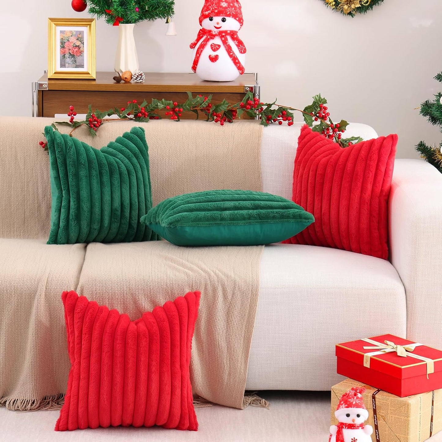 Pallene Faux Fur Plush Throw Pillow Covers 18x18 Set of 2, Luxury Soft Fluffy Striped Decorative Pillow Covers for Sofa, Couch, Living Room, Cream White