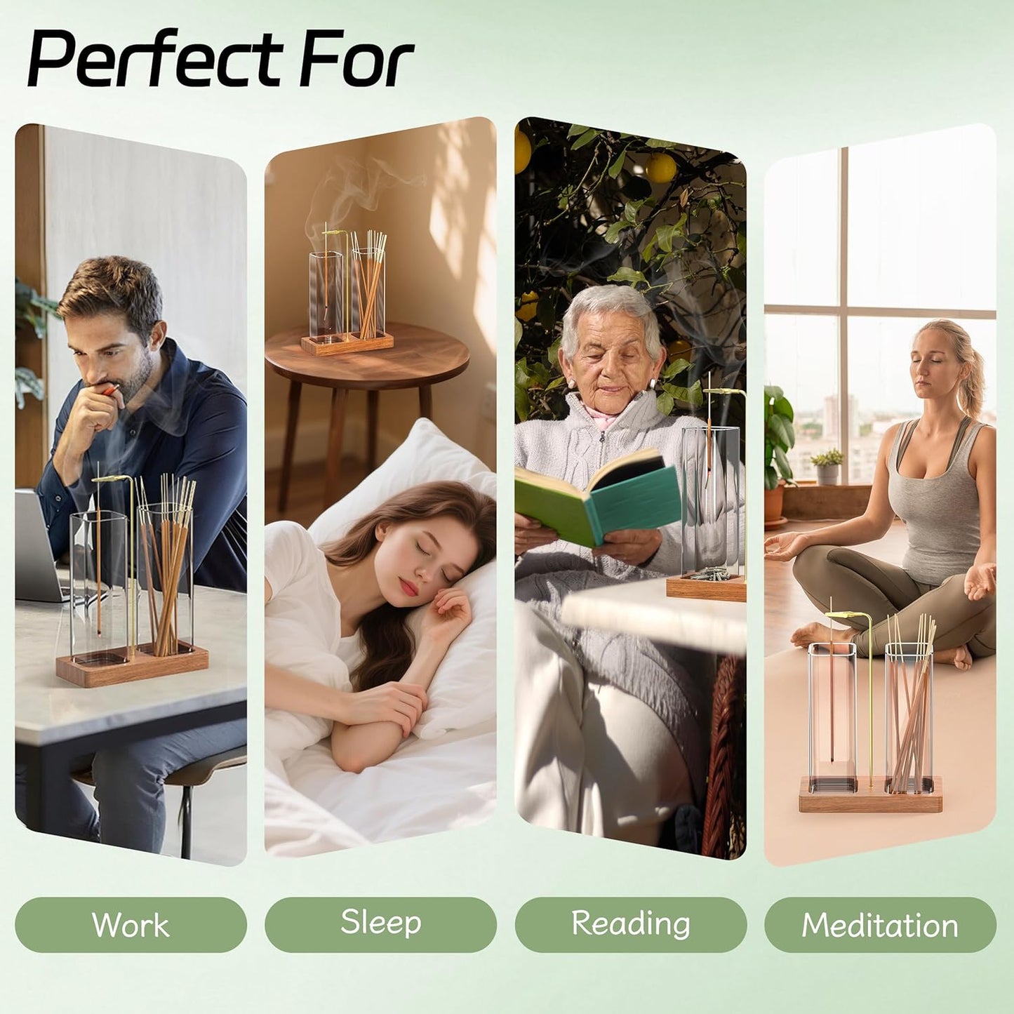 2 in 1 Incense Holder with 7.8" & 5.9" Glass Jars, Large Incense Holder for Sticks, Upside Down Incense Burner with Ash Catcher & Storage for Meditation Yoga Spa Home Decor - 20 Incense Sticks & Brush