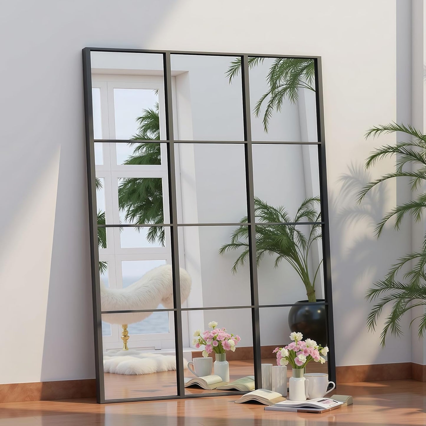 Dewfig 65"x 22" Arched Window pane Full Length Mirror, Wall Mirror, Floor Standing Mirrors, Farmhouse Long Full Body Mirrors Wall Mounted for Living Room, Bedroom, Entryway, Fireplace, Black