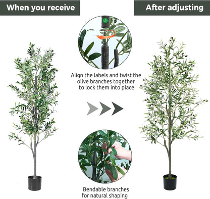 Olive Trees Artificial Indoor 6FT, Faux Olive Tree with Woven Basket & Natural-Looking Wood Trunk, Realistic Leaves & Fruits, Maintenance-Free Tall Fake Olive Tree for Modern Home Office Decor