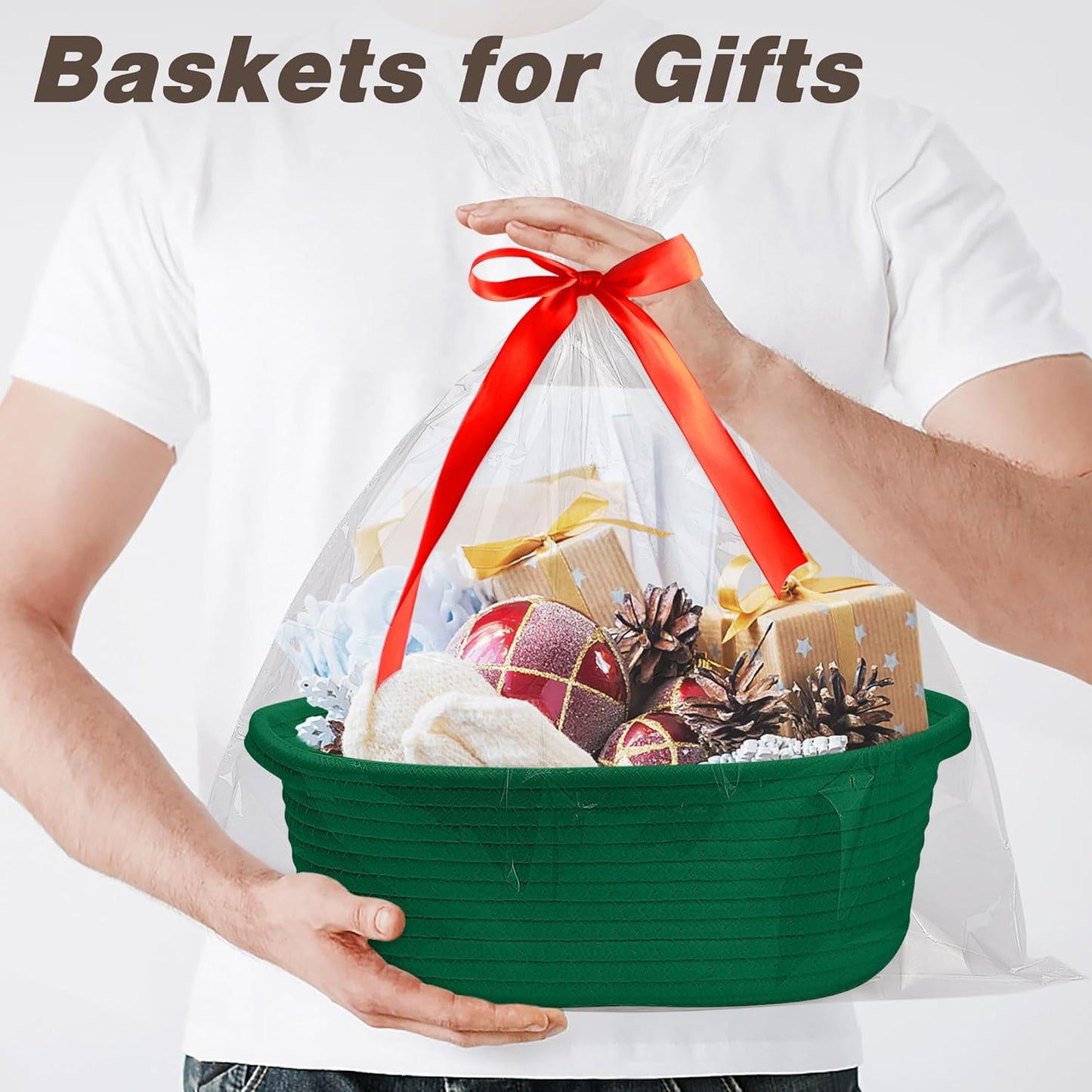 Pro Goleem Small Woven Basket with Gift Bags and Ribbons Durable Baskets for Mothers Day Gifts Empty Small Rope Basket for Storage 12"X 8" X 5" Baby Toy Baskets with Handles, White