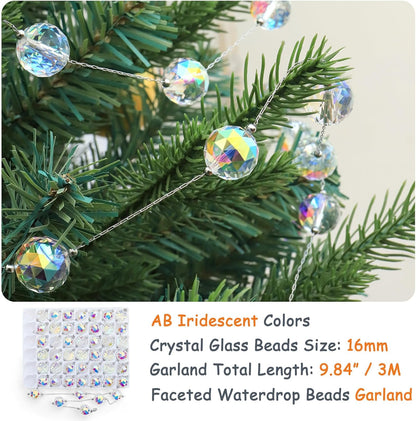 LEFERS 9.8Ft Crystal Glass Balls Christmas Garland,48 Beads 16mm Faceted Prism Beads Strands Hanging Ornament Decoration for Christmas Tree Centerpieces Wedding Party (Gold)
