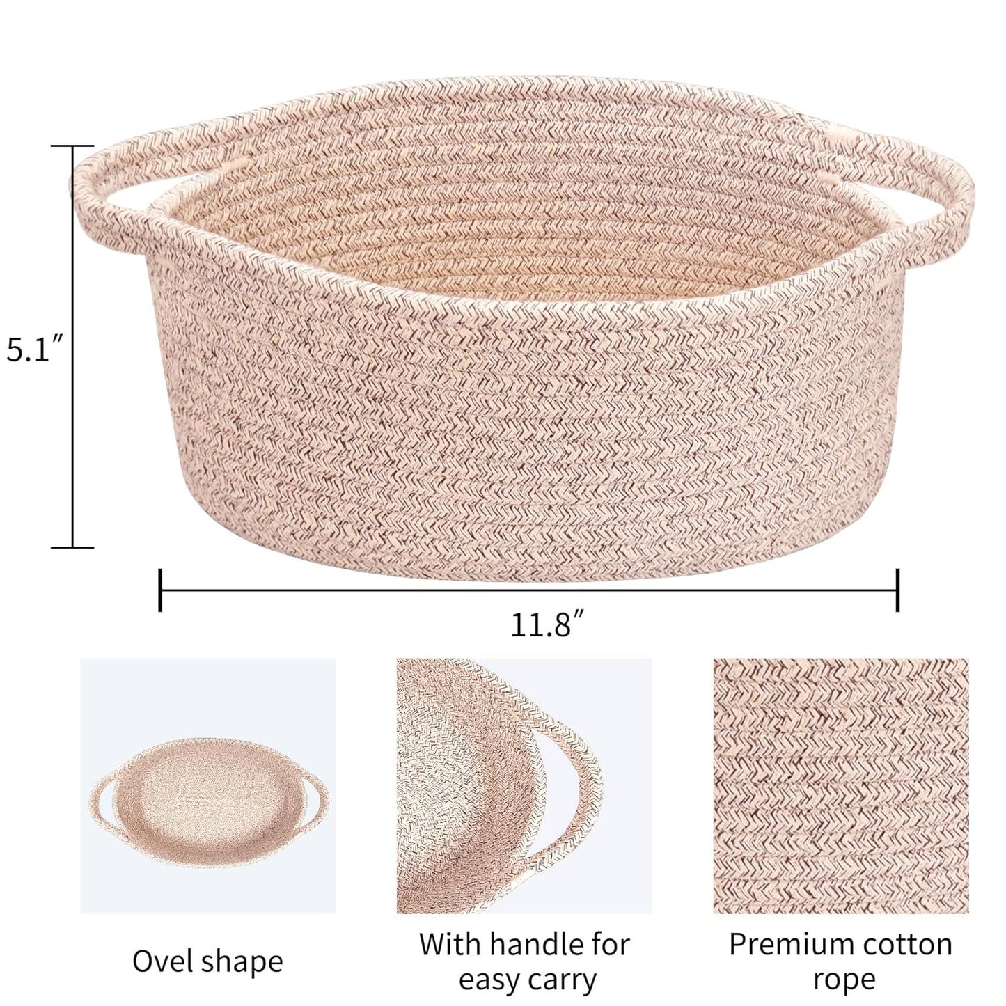 ABenkle Small Basket with Handles, Boho Decorative Rope Woven Dog Cat Toy Storage Bin Shelf Storage Organizer, Easter Christmas Gift Basket, 12"x8"x5", White