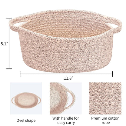 ABenkle Small Basket with Handles, Boho Decorative Rope Woven Dog Cat Toy Storage Bin Shelf Storage Organizer, Easter Christmas Gift Basket, 12"x8"x5", White