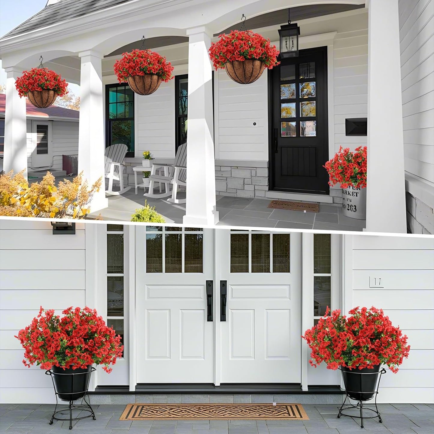 Hananona 2 Set Artificial Outdoor Flowers with Hanging Basket, 2 Hanging Planters with 24 Pcs Flowers for Spring Summer Front Porch Garden Patio Home Decor (2, Red, Purple, Yellow, Rose Red)