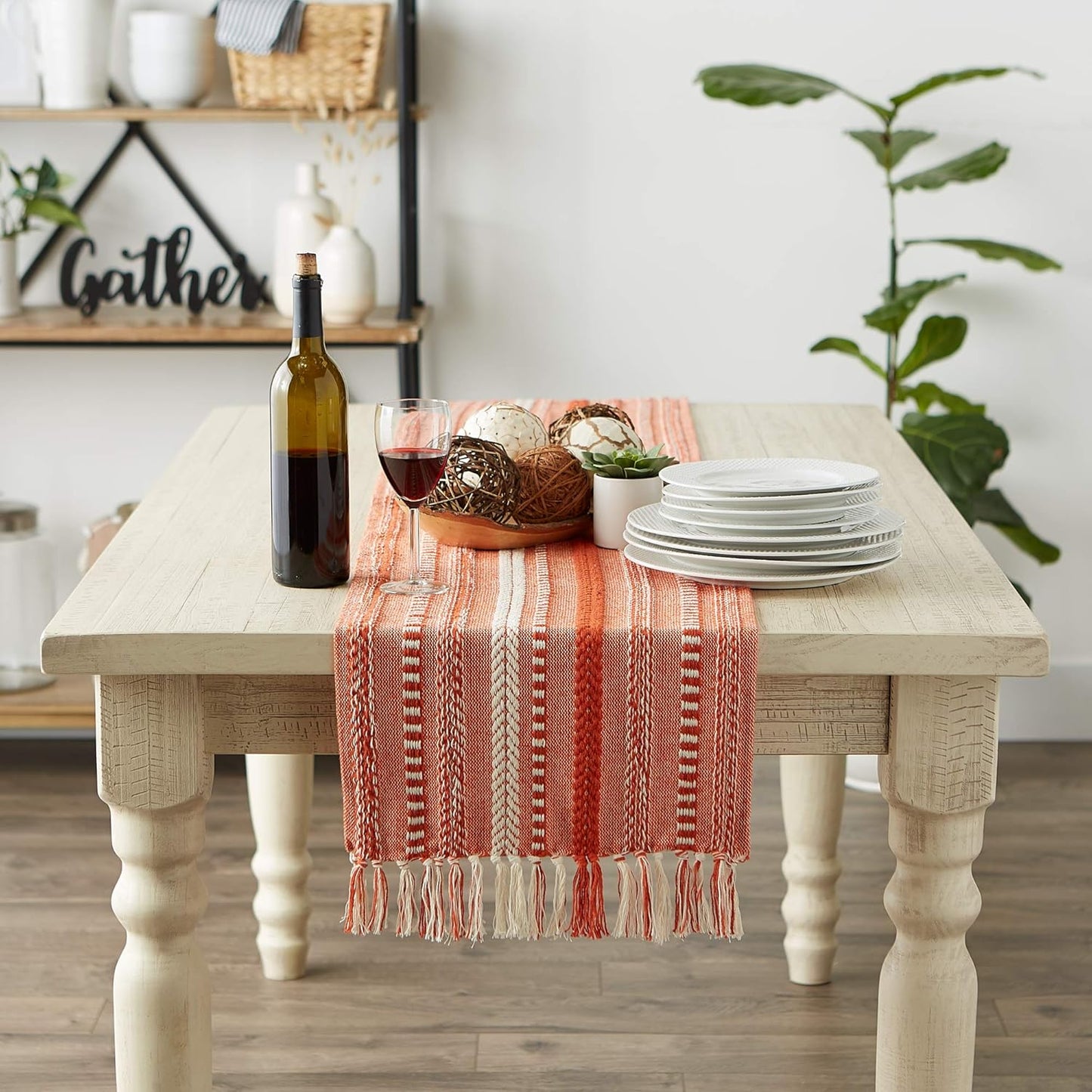 DII Farmhouse Braided Stripe Table Runner Collection, 15x72 (15x77, Fringe Included), Black