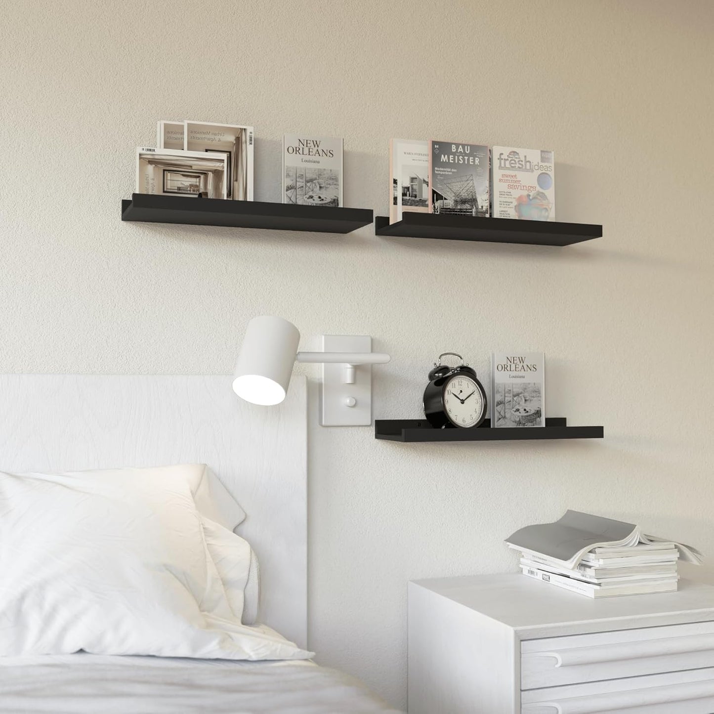 RICHER HOUSE 5 Set Floating Wall Mounted Shelves, Black Shelves for Wall Decor, Modern Picture Ledge Shelf with Lip for Storage, Nursery, Bedroom, Living Room, Bathroom - Black