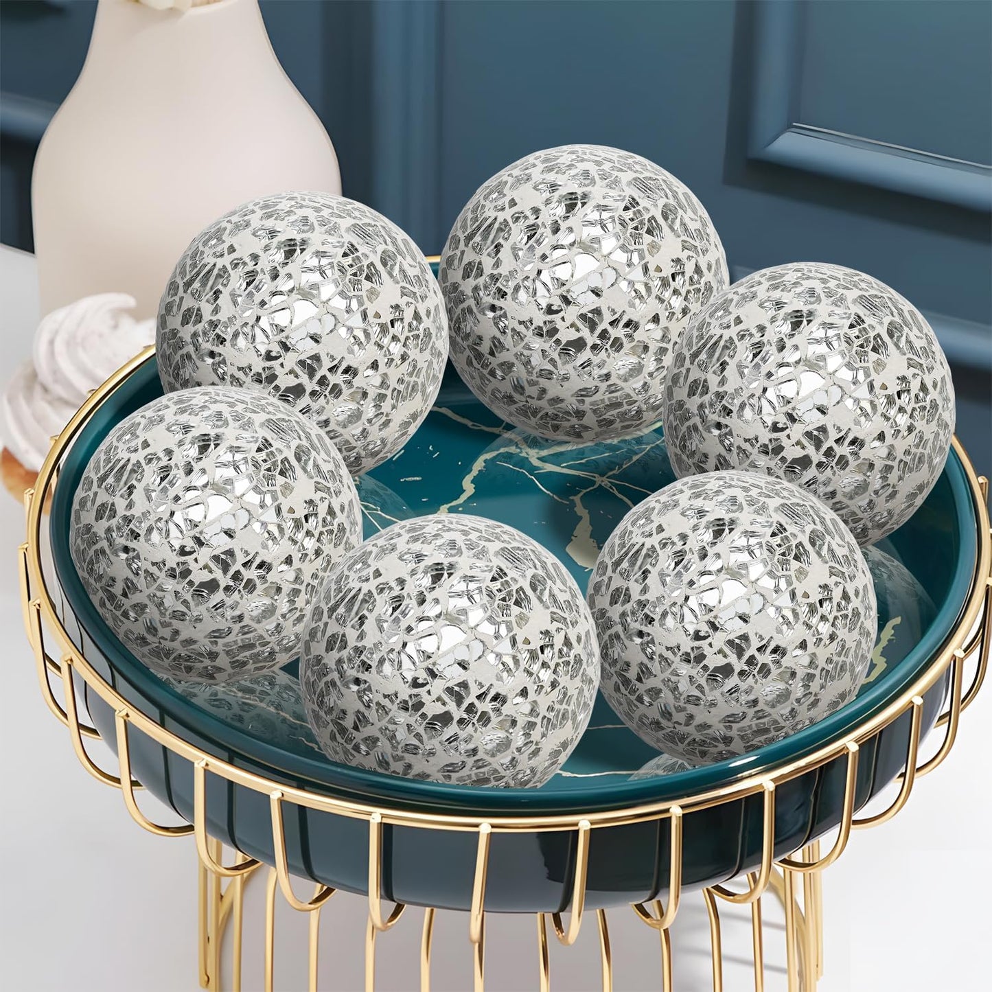 Kesywale 6PCS Decorative Balls Set 2.4 Inches/ 6cm Small Mosaic Spheres Glass Orbs Decorative Balls for Centerpiece Bowls Vases Fillers Dining Coffee Table Wedding Party Decor (Black)