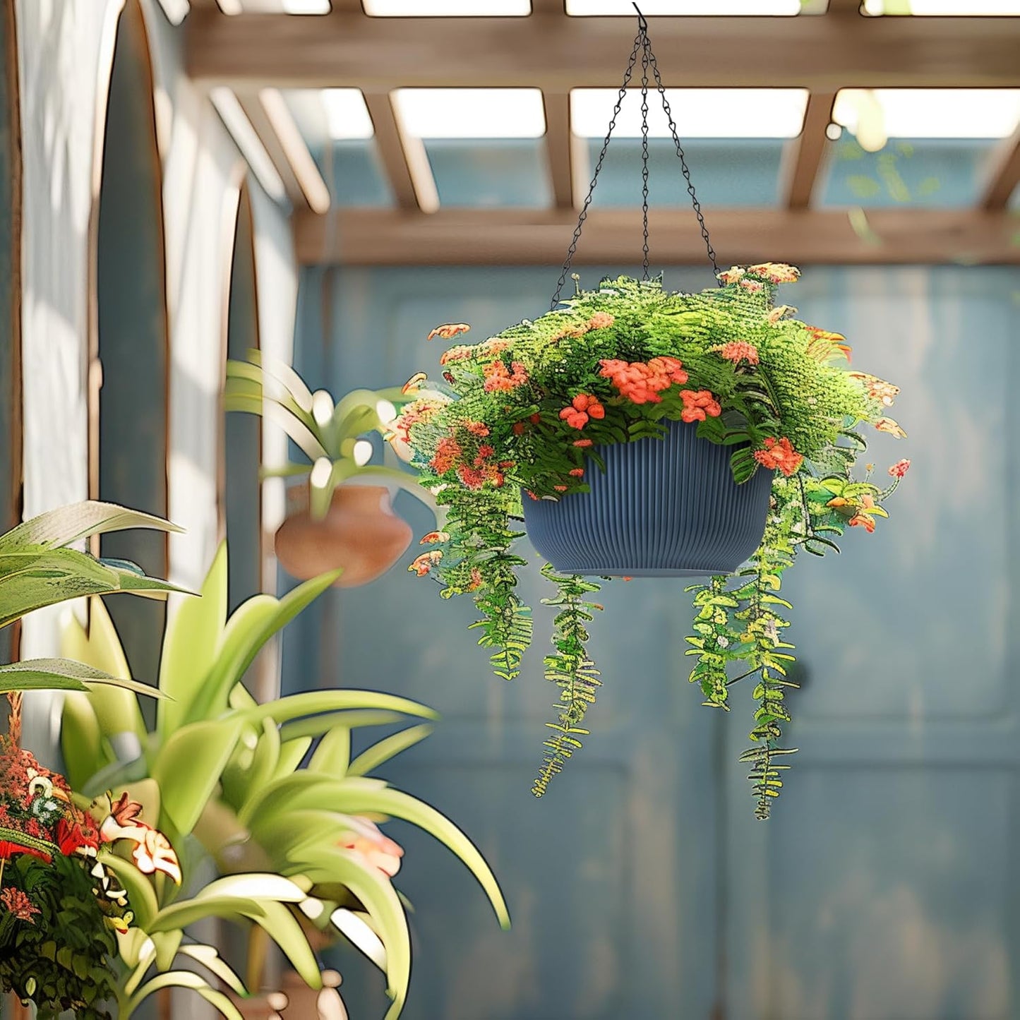 T4U 10 Inch Hanging Planters for Indoor Plants, 2 Pack White Self Watering Hanging Plant Pot, Hanging Pots Set with Drainage Hole & Plug & Chain with 3 Hooks for Garden Home Decor