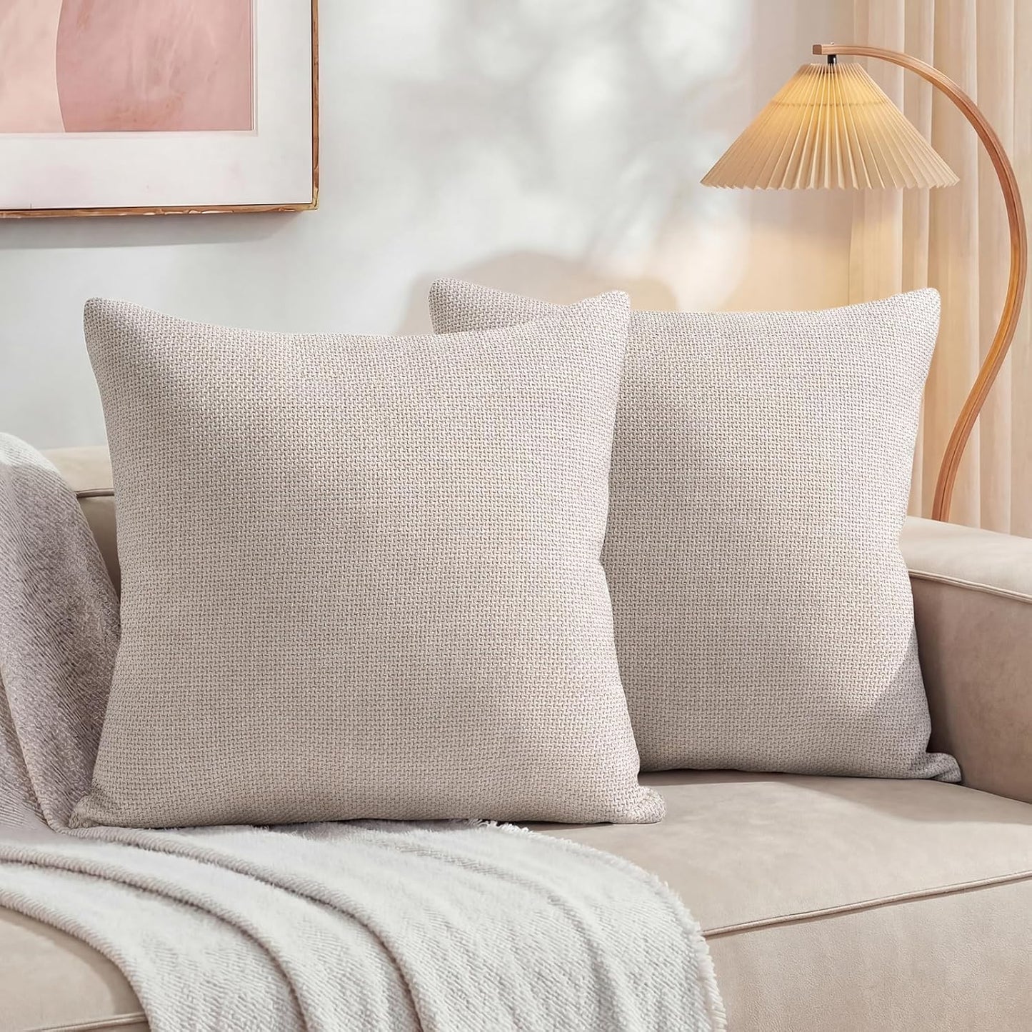 YDKGL Pack of 2 Pillow Covers 18x18, Beige Cream, Couch Decorative Boho Farmhouse Neutral Throw Pillow Case Covers with Zipper, for Living Room Bedroom Soft Pillowcase