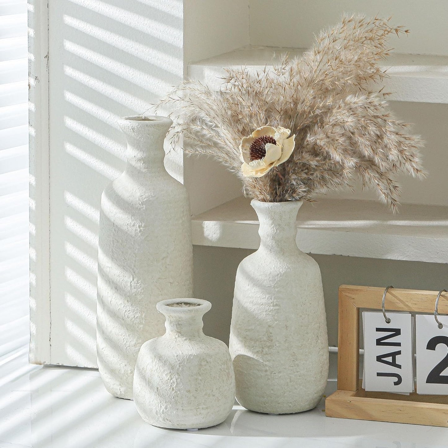 Ceramic Vase Set of 3 | Neutral Vase Home Decor with Handle | Pottery Modern Farmhouse Vases Pampas Grass Flower Vases for Home Decor Table Living Room Centerpieces Mantel Decor - Multicolor