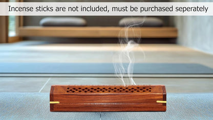 Sheesham Wood Incense Burner - Handmade Coffin Style Sun and Moon Inlay Incense Holder - Aromatherapy Room Freshener Cone Incense Stick Burner Ash Catcher - Zen Home Gift - 12x2x2 - COTTON CRAFT