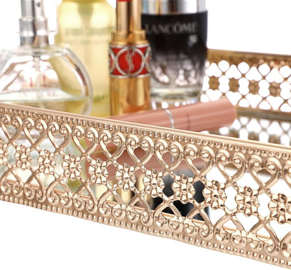ELLDOO Perfume & Makeup Vanity Tray - Hollow-Carved Jewelry Storage, Glass & Metal Trinket Organizer for Dresser & Bathroom Countertop, Gold, Medium Size