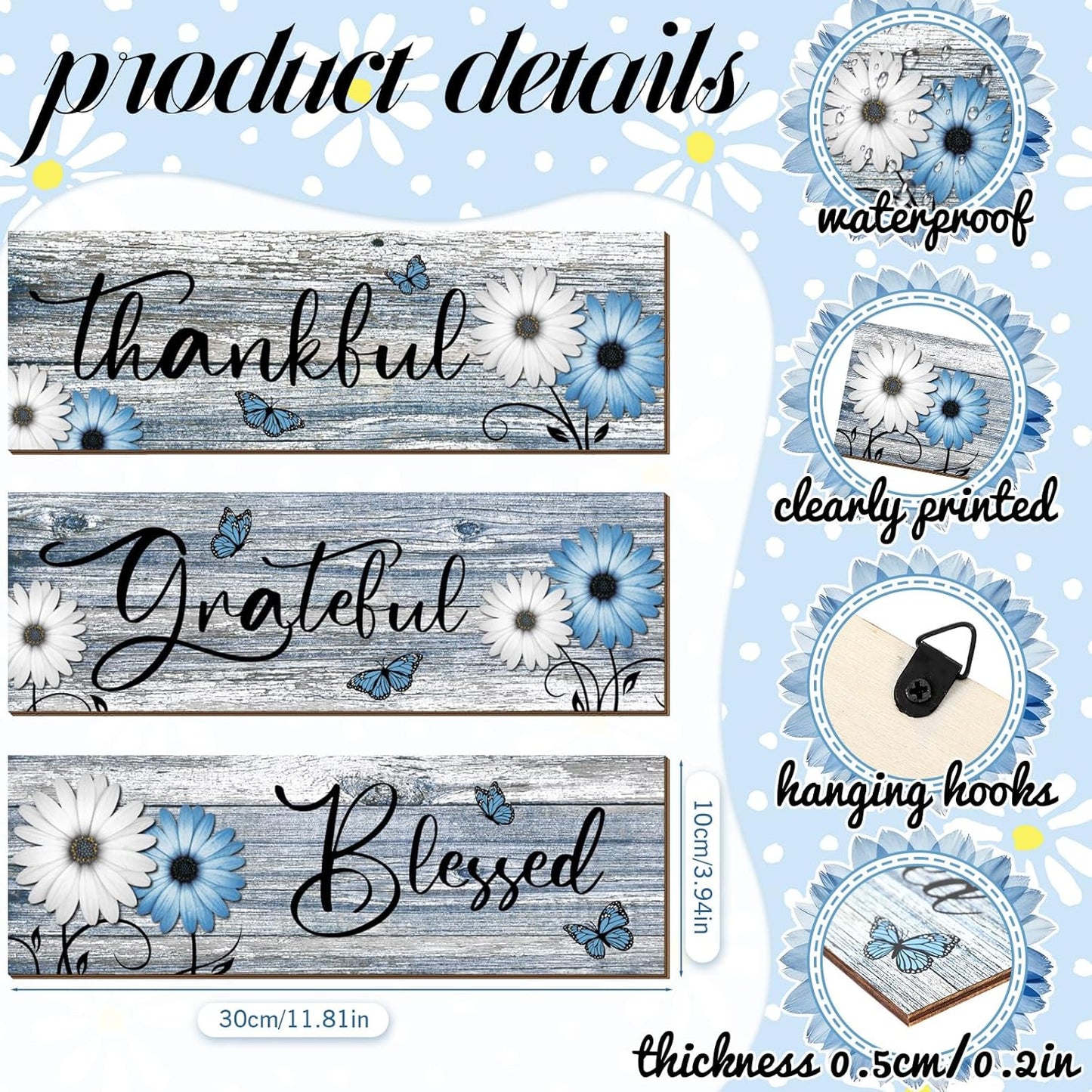 Geetery 3 Pcs Thankful Grateful Blessed Wooden Signs Rustic Daisy Wood Wall Decor Inspirational Wall Art Signs Rustic Wooden Hanging Decorations for Bedroom Kitchen Living Room Bathroom Home (Blue)