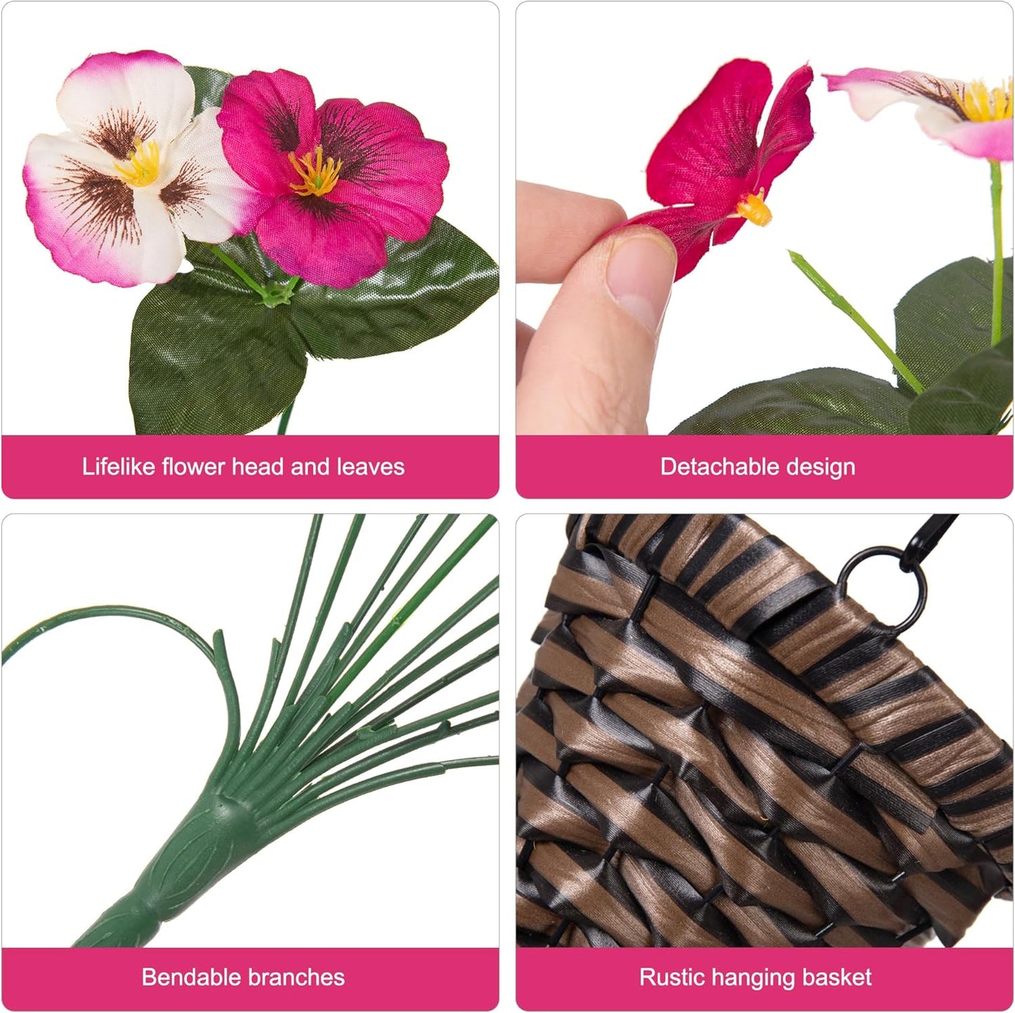 HyeFlora Artificial Flowers for Outdoors, 2pcs Faux Silk Pansies Flowers UV Resistant Fake Hanging Flower Plants for Outside Planters Porch Yard Patio Window Box (Mix Purple)