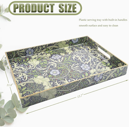 Spsyrine Serving Tray with Handles, Plastic Decorative Tray for Coffee Table, Living Room, Home Decor, Dianthus